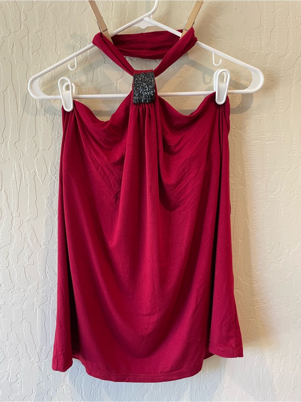 Express Burgundy Halter Top with Beaded Neck Detail